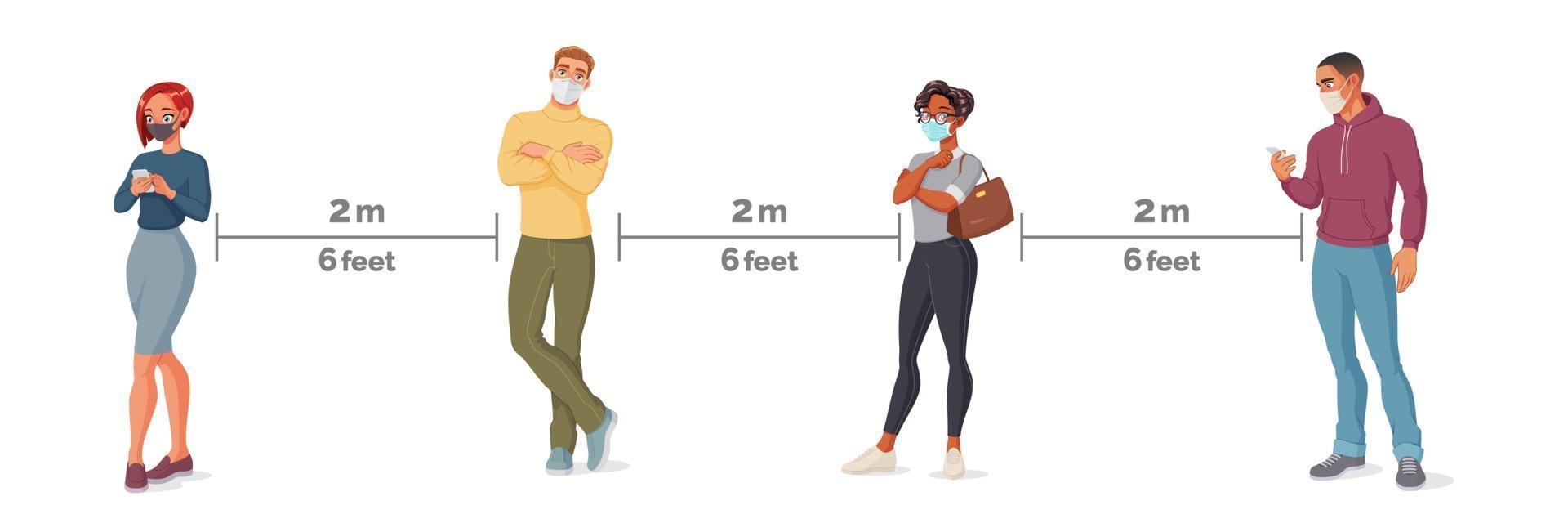 Personas en máscaras faciales de pie en línea ilustración de vector de distancia social