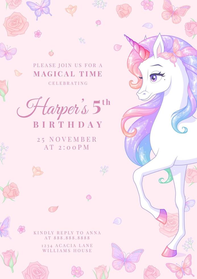 Vector pink birthday party invitation with unicorn