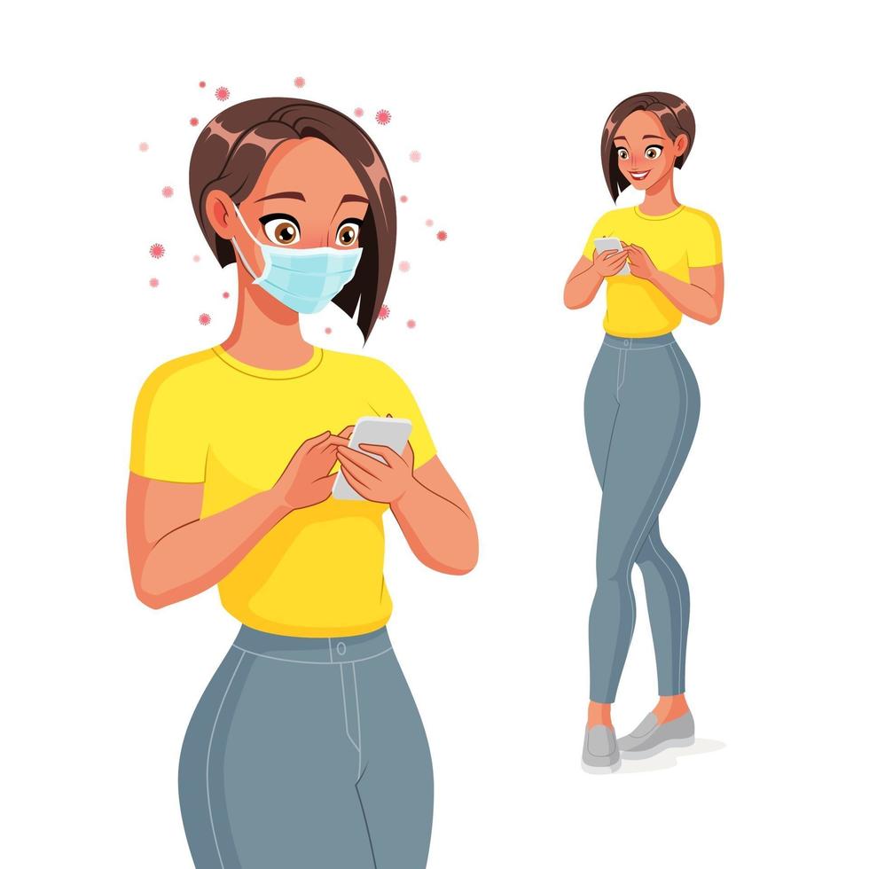 Woman in face mask texting on smartphone vector illustration