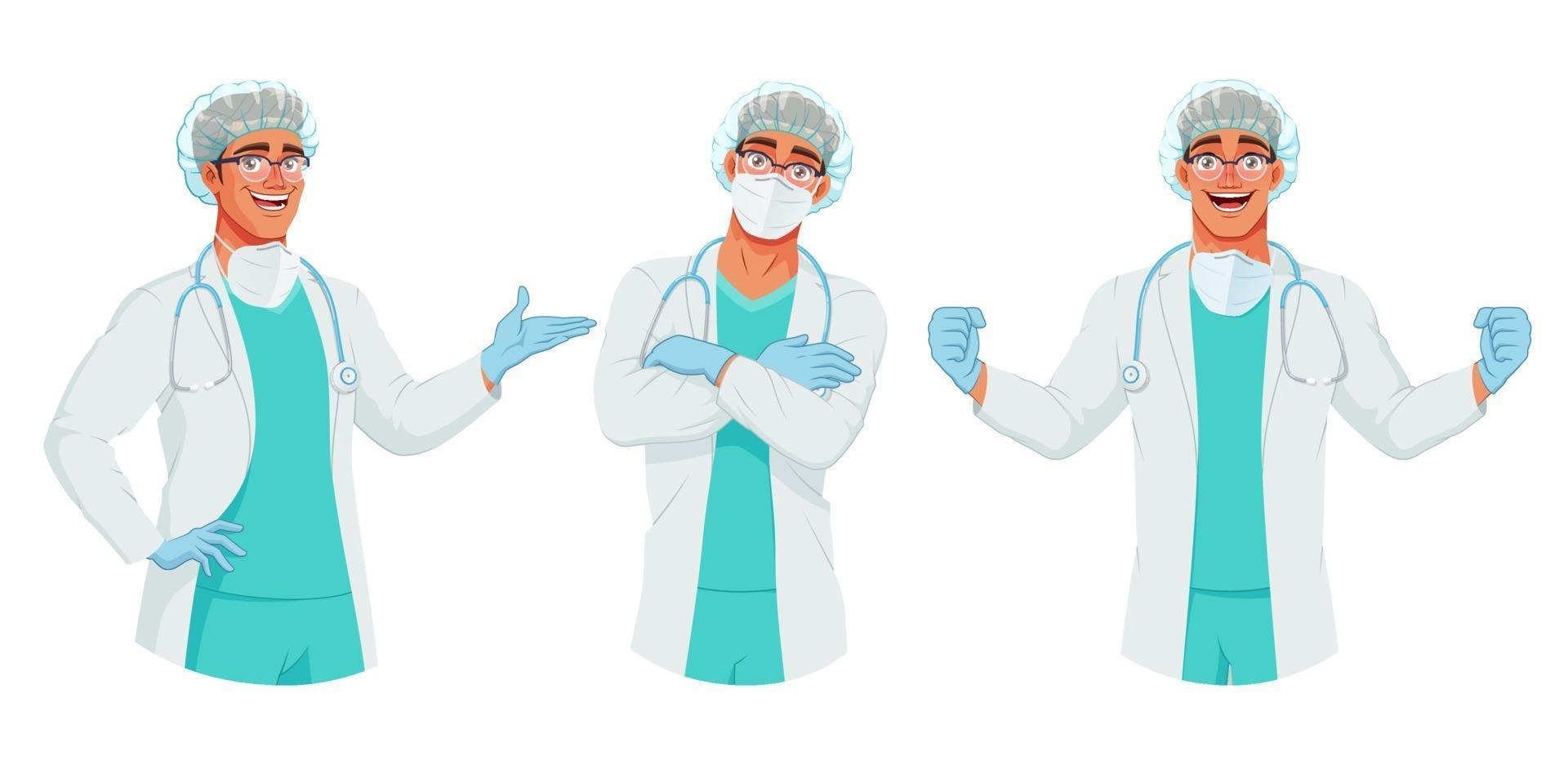 Vector set of happy doctor in mask hat and gloves