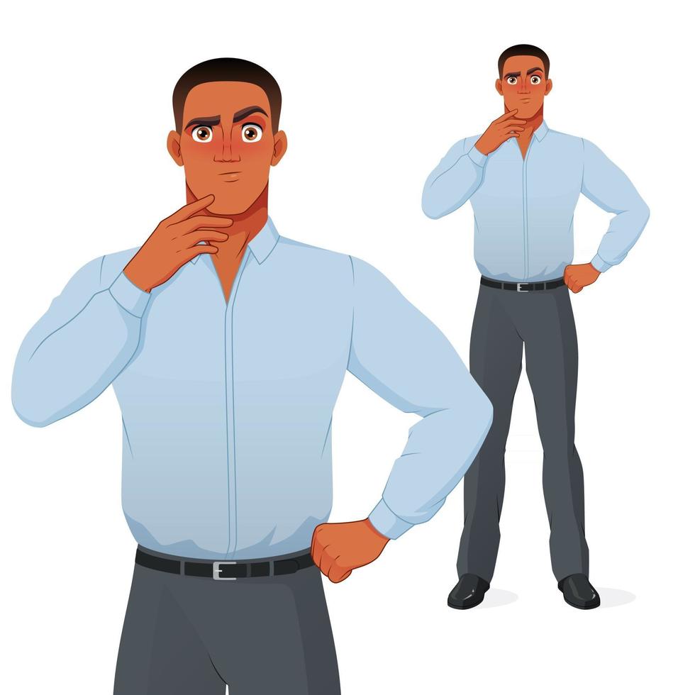 Puzzled black businessman thinking with hand on chin cartoon vector character
