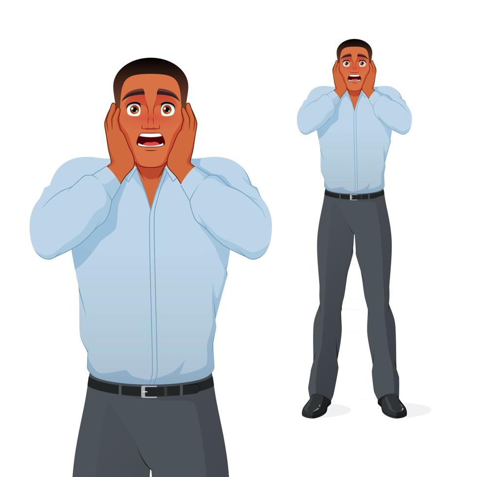 Terrified black businessman holding his head in panic cartoon vector character