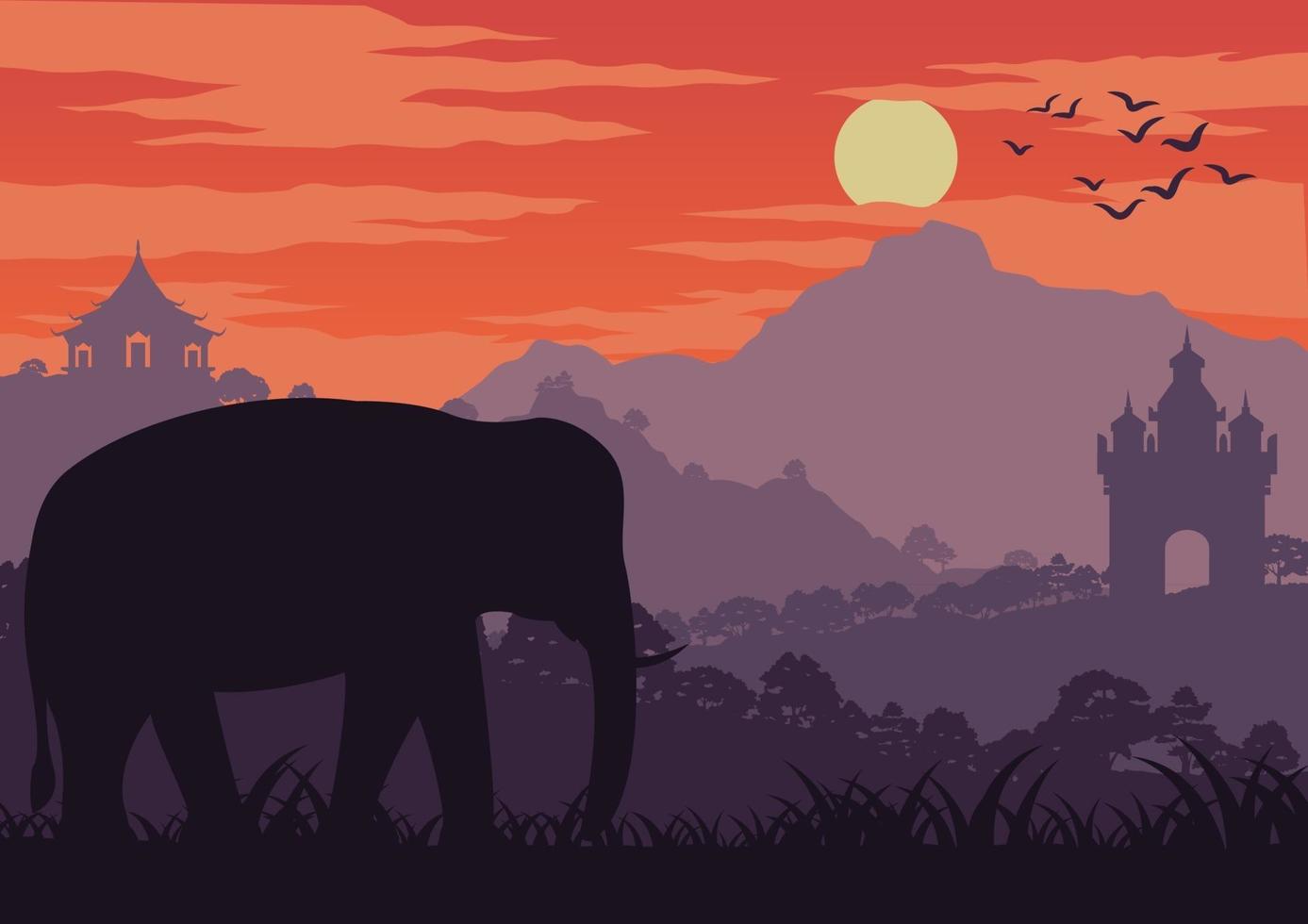 Silhouette of mountain and elephant in Thailand at sunset vector