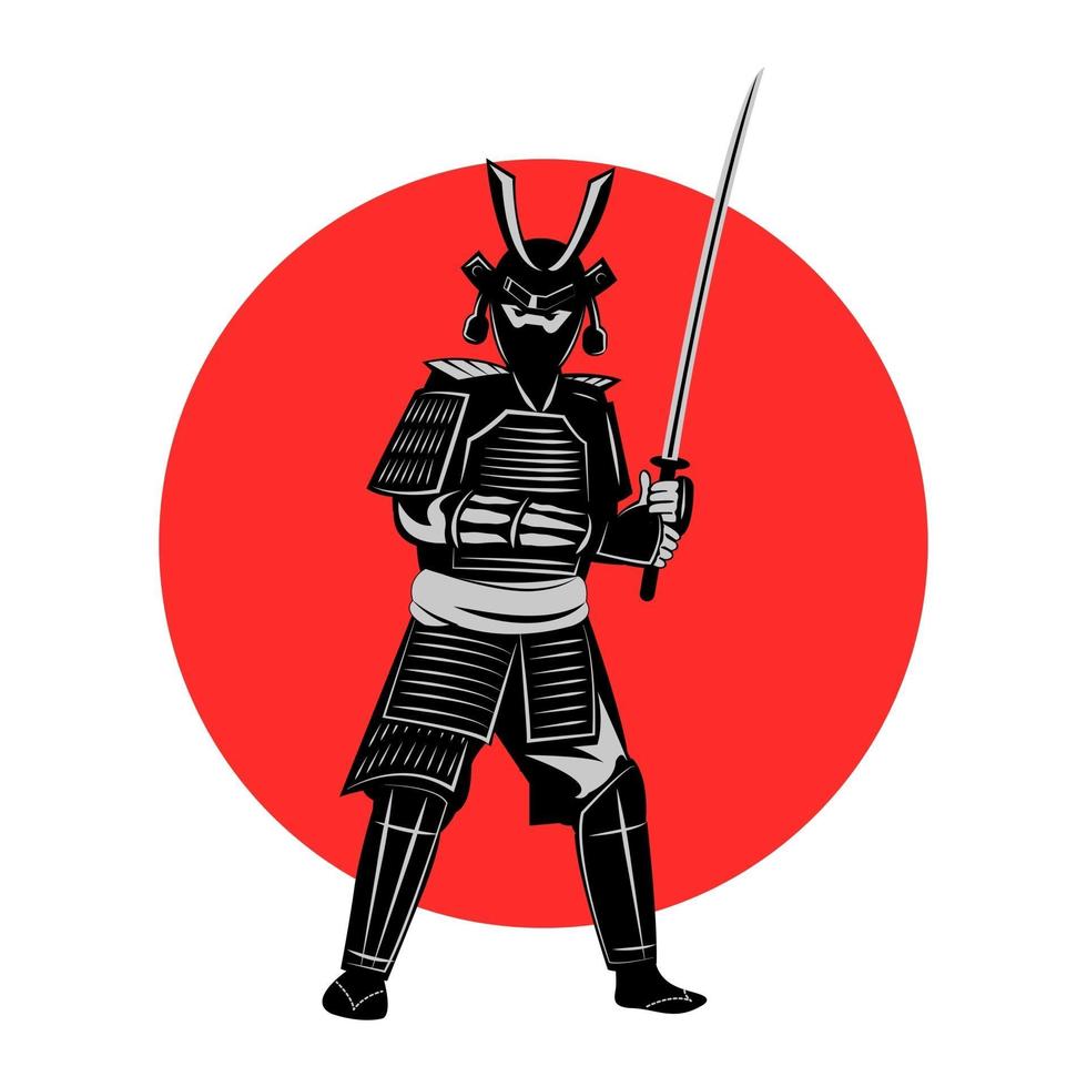 samurai sosteniendo la espada frente al círculo rojo vector