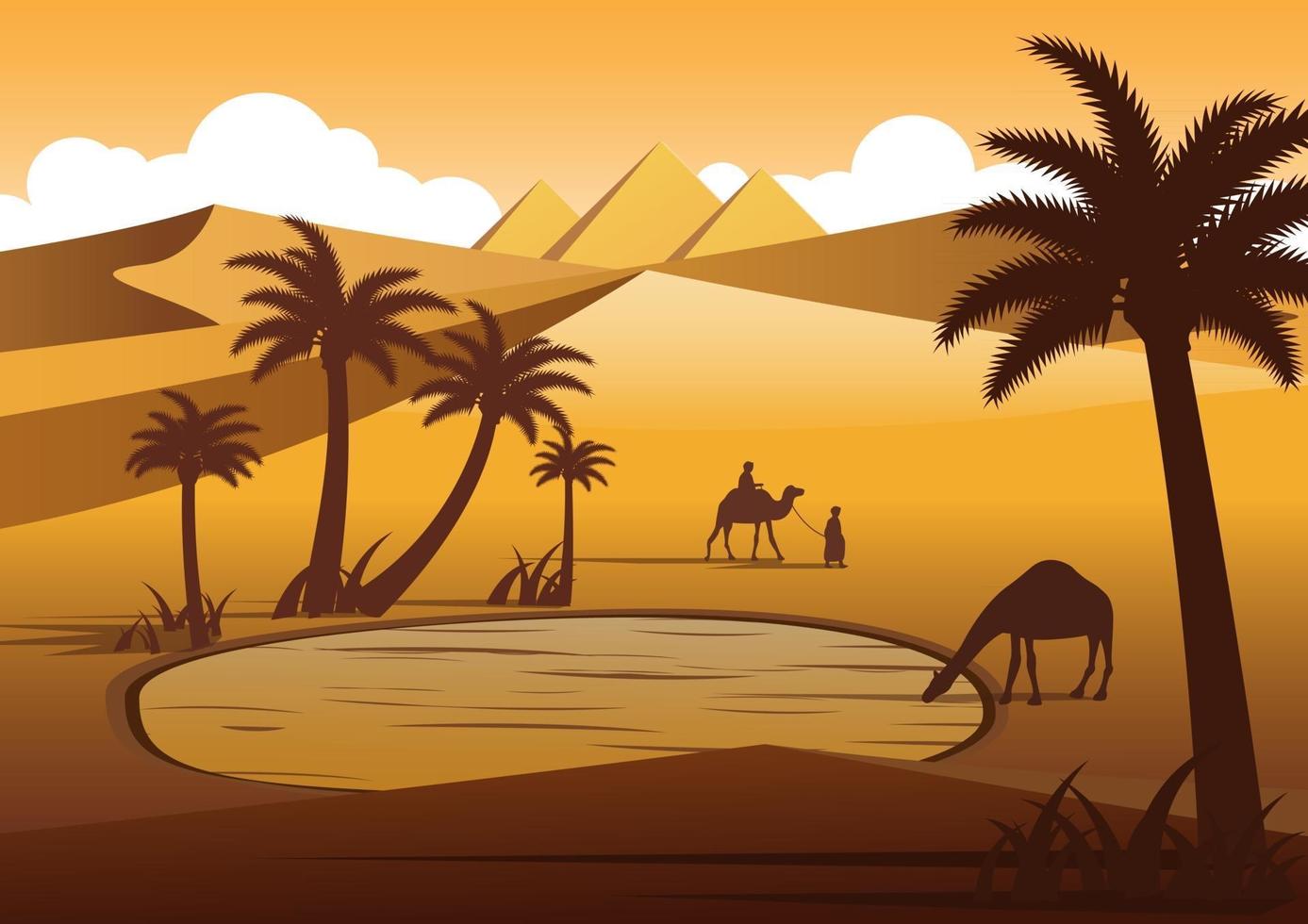 Camel drinking water in oasis desert near pyramids vector