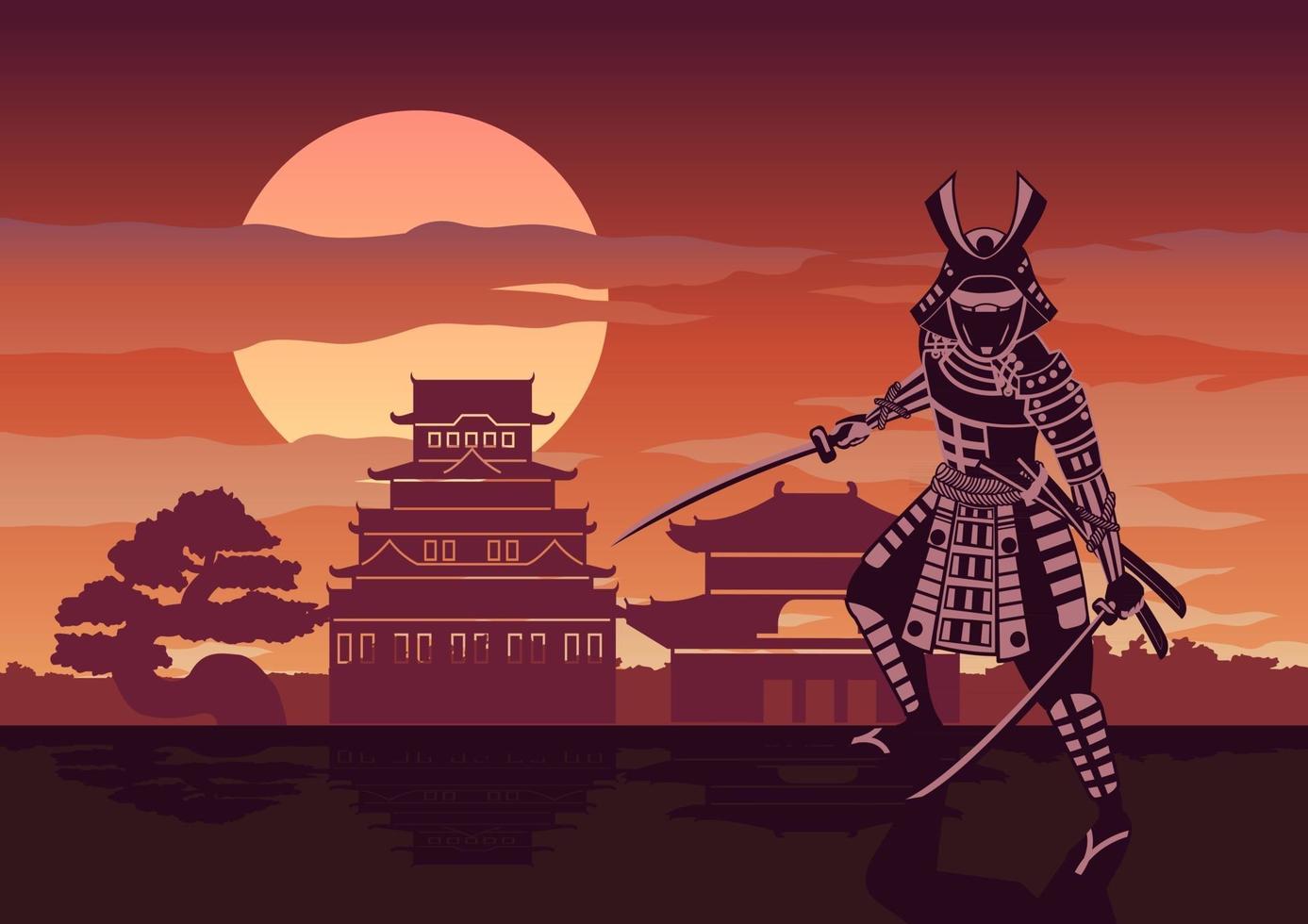 Knight of japan called Samurai in front of pagoda vector