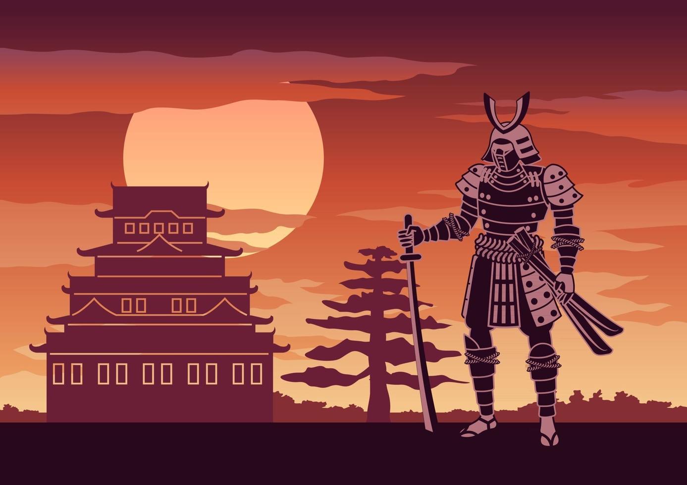 Knight of japan called Samurai in front of pagoda vector