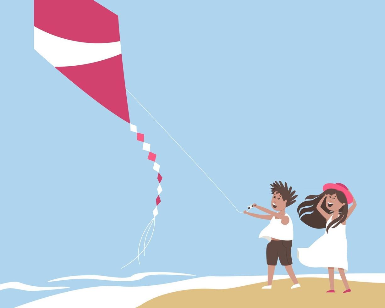 Children fly a kite on the seashore vector