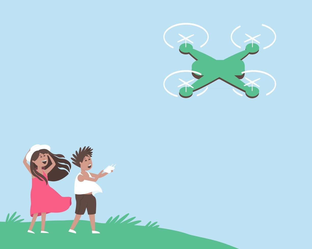 Children in the meadow launch a drone vector