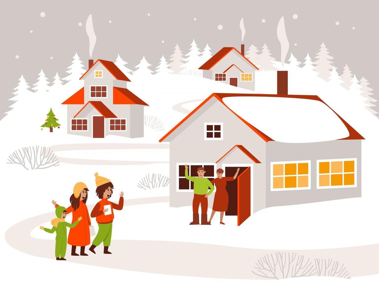 Children are walking around the village and singing Christmas songs vector