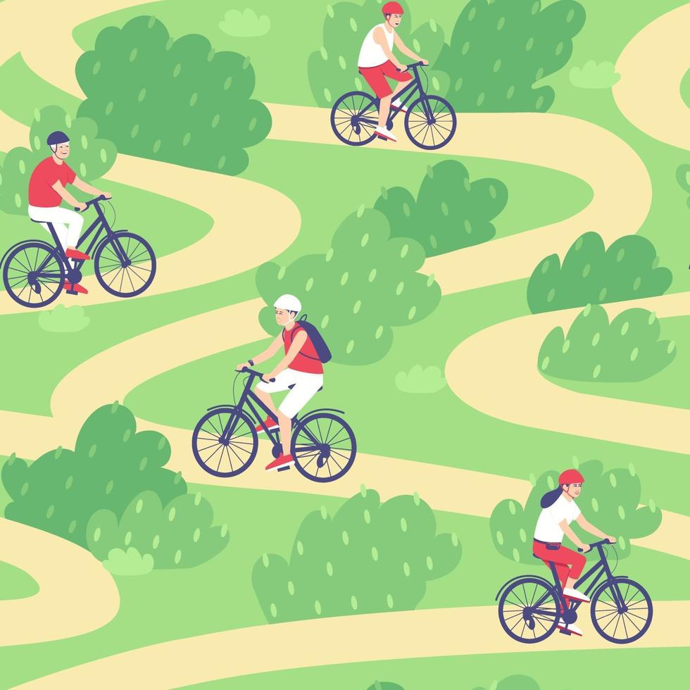 Seamless pattern of cyclists riding along the footpath in the summer vector