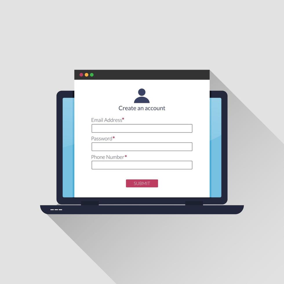 Concepto de formulario de registro en línea en la pantalla del portátil vector