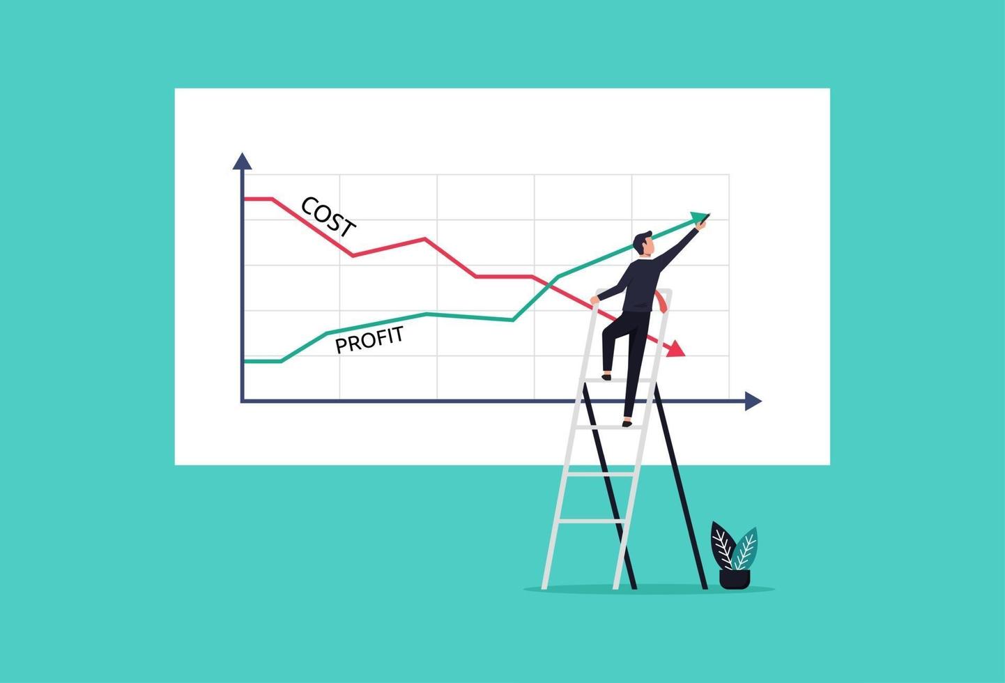 Businessman drawing graphs profit vs cost reduction concept vector illustration