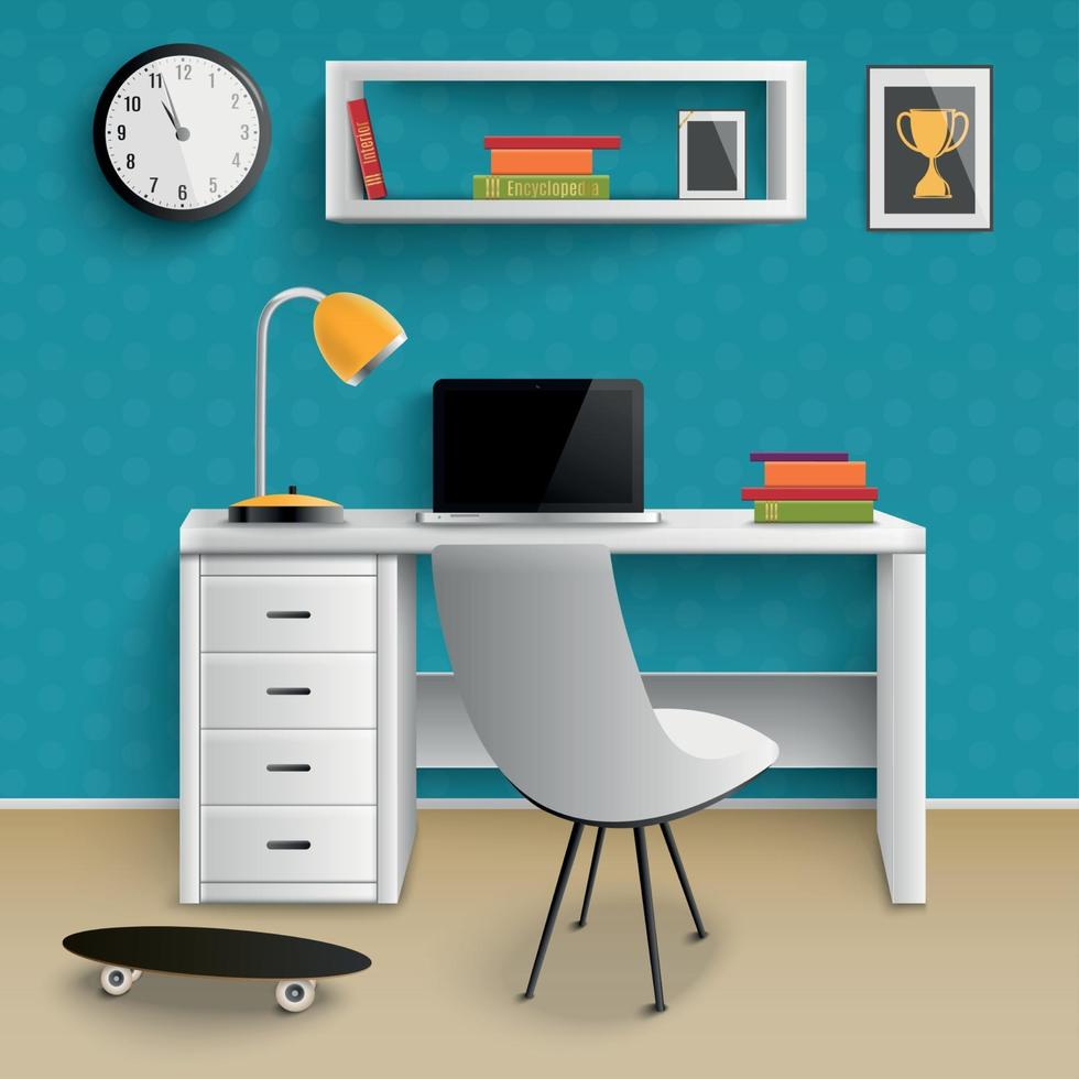 Teenager Workplace Interior Realistic Vector Illustration