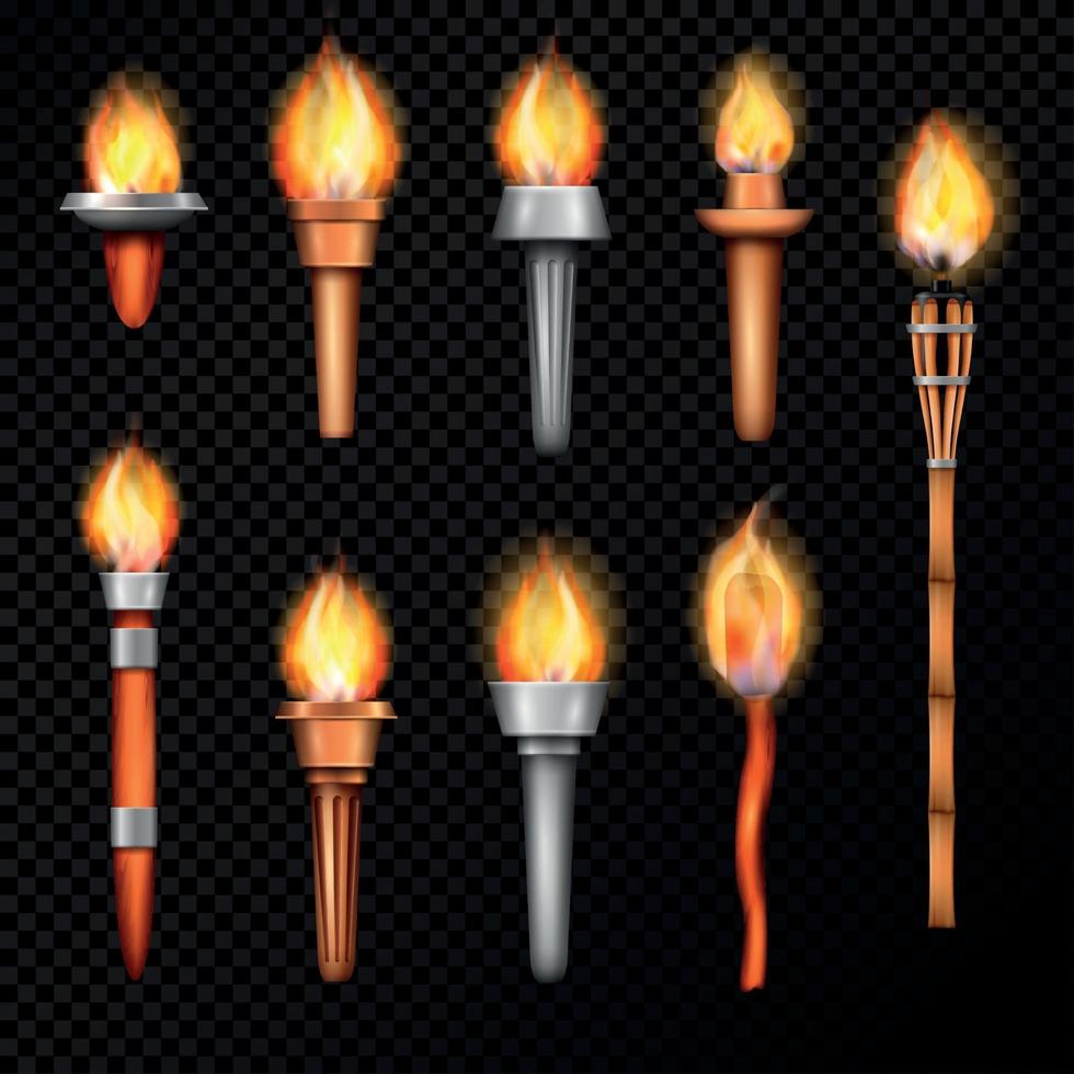 Fire Torch Realistic Set Vector Illustration