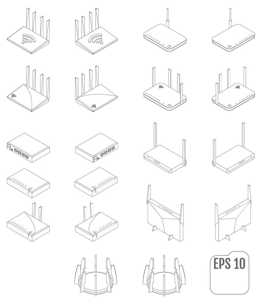 icono de conjunto isométrico de vector de enrutador wifi