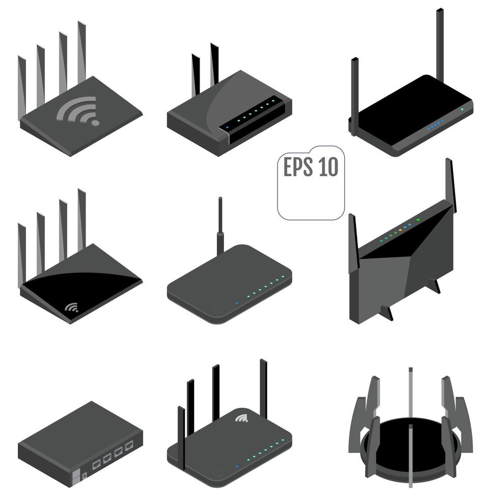 Router isometric icons set vector