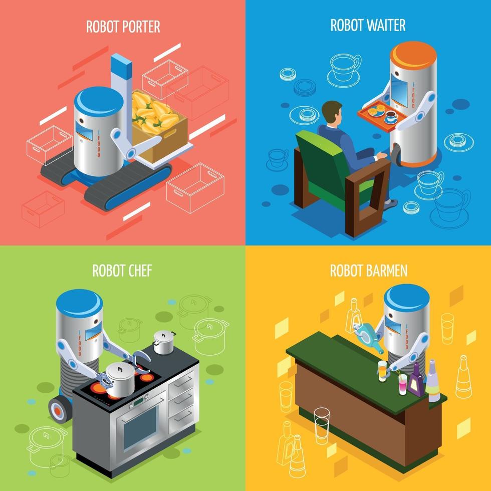 Isometric Robotic Restaurant Icon Set Vector Illustration