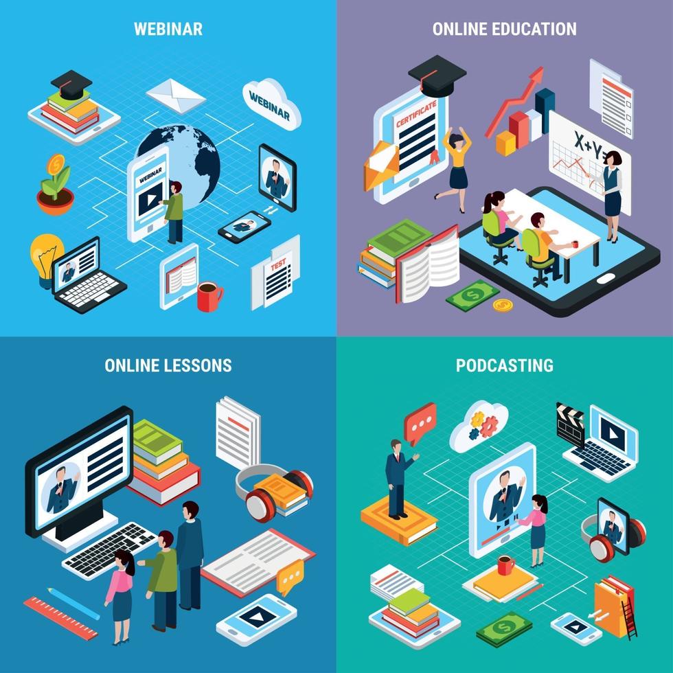 Four Webinar Isometric Icon Set Vector Illustration