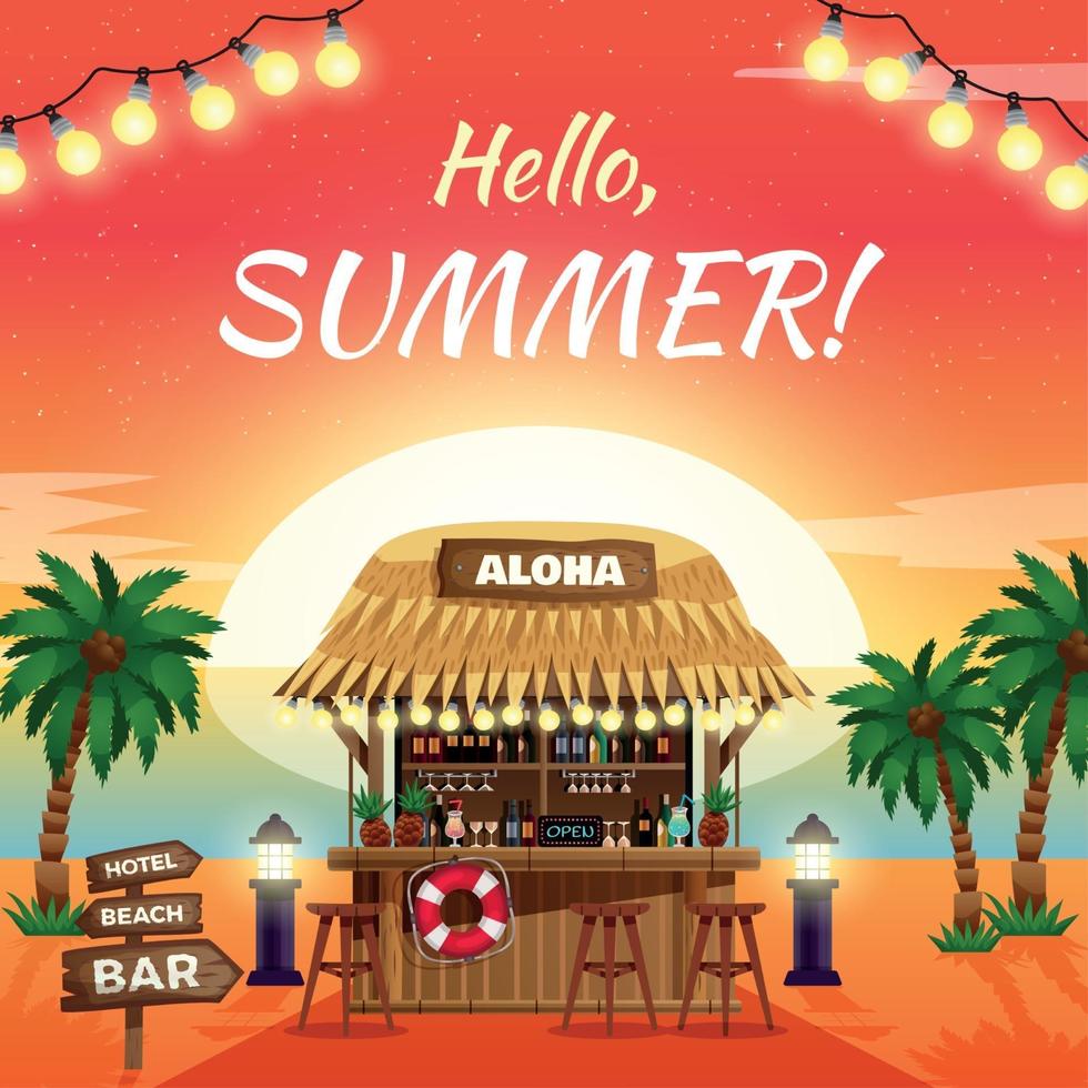 Hello Summer Bright Tropical Poster Vector Illustration