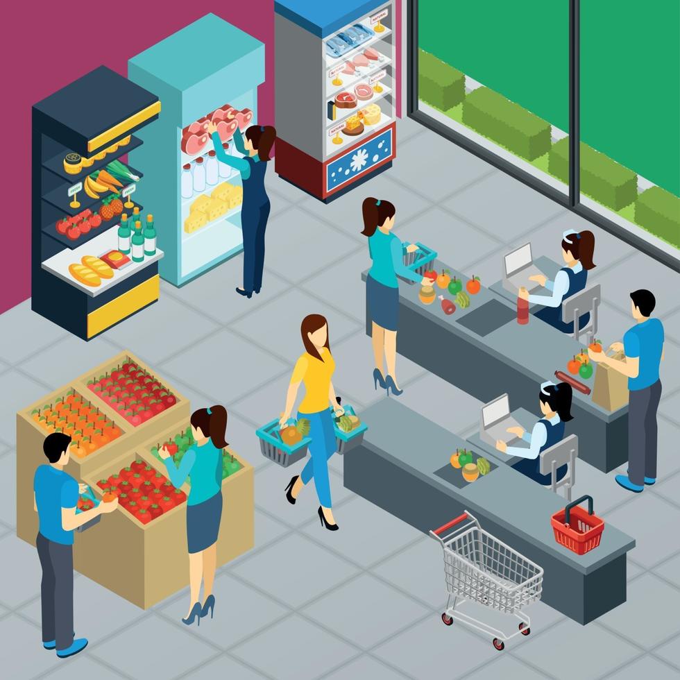 Grocery Store Isometric Poster Vector Illustration