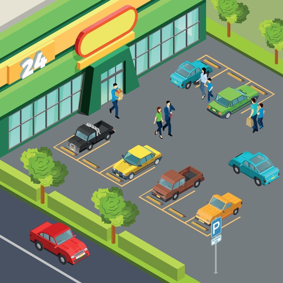 Supermarket With Car Parking Vector Illustration