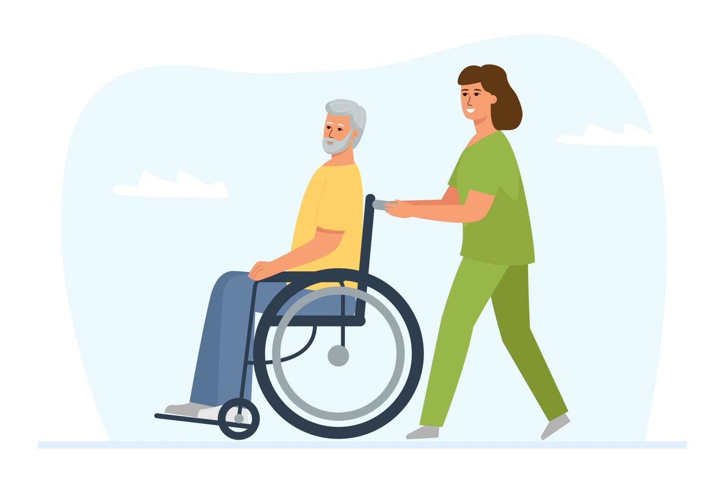 A volunteer walks with a gray haired man in a wheelchair vector