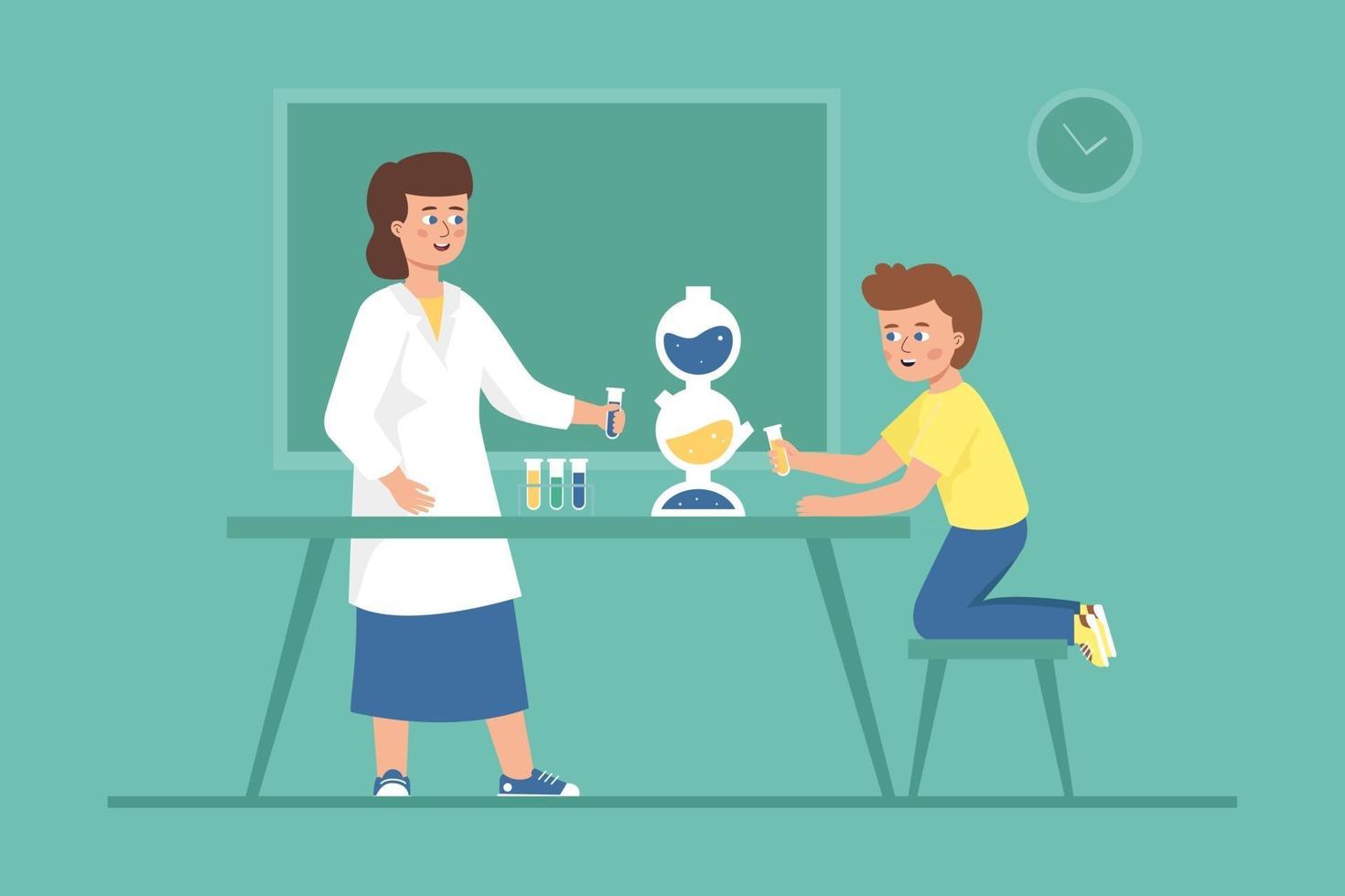A teacher and a child conduct a chemical experiment together vector