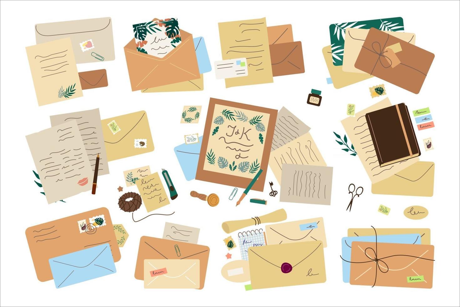 A set of various postal envelopes marks and greeting cards parcels vector