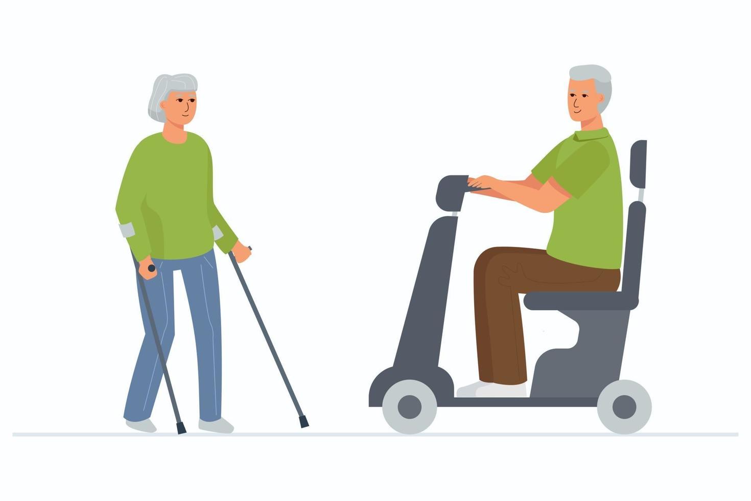 Una anciana con muletas y un hombre discapacitado de pelo gris en una silla de ruedas eléctrica vector