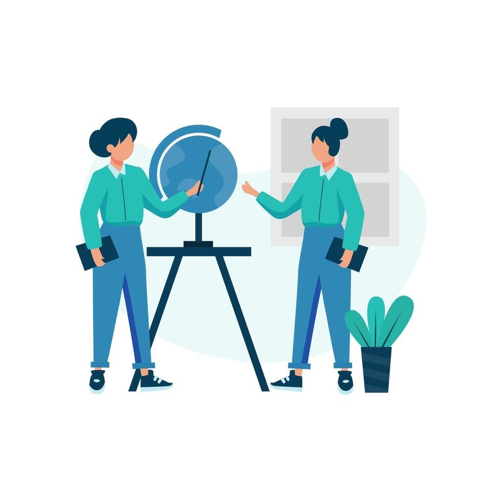 Private tutors teach in front of students explaining material and discussing vector illustration