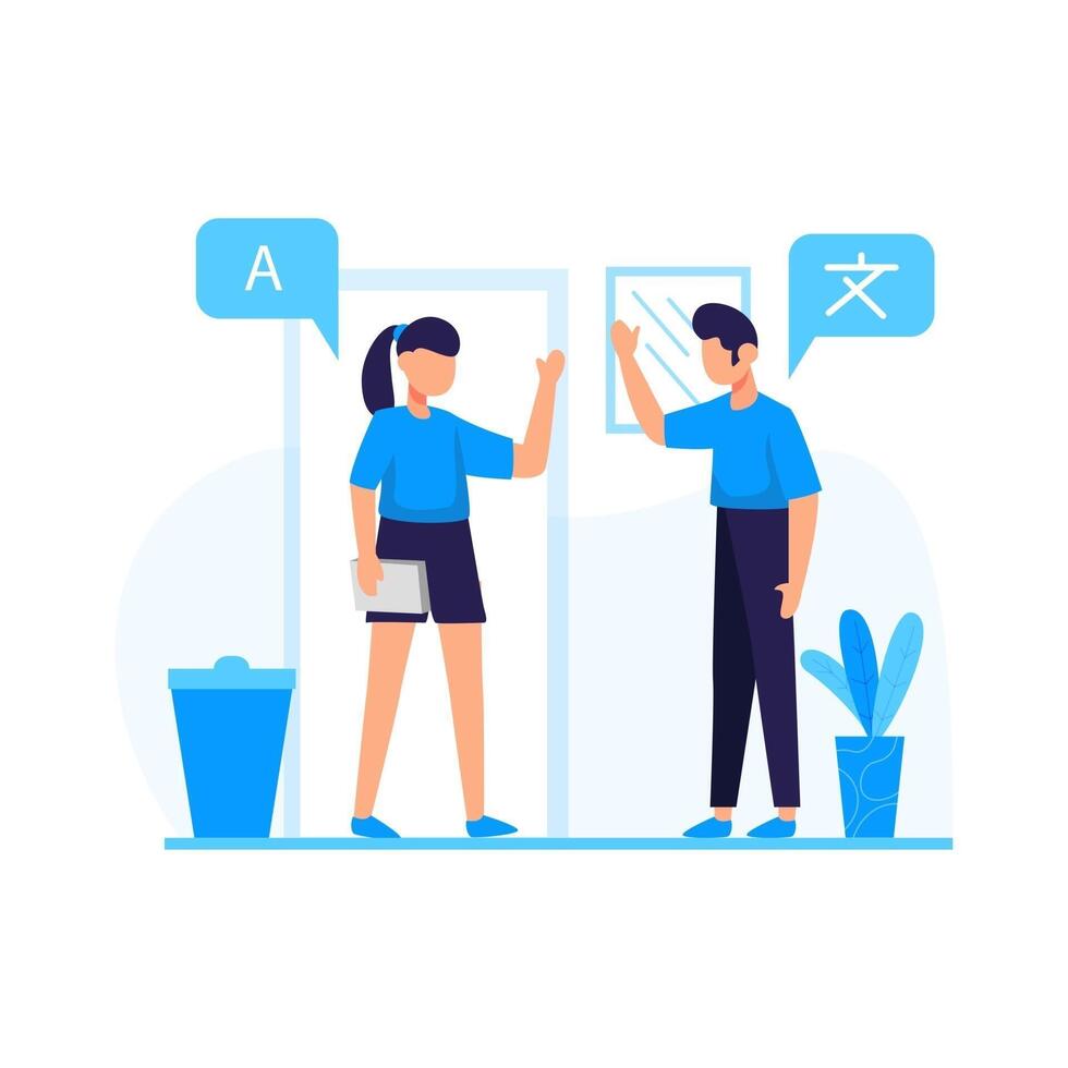 Translators translate articles teach and communicate using foreign languages vector illustration