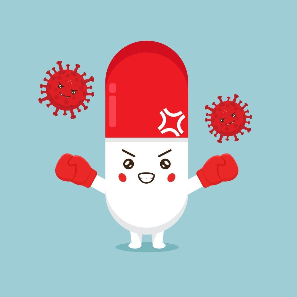 Cute Pill Character Fights Against Viruses vector