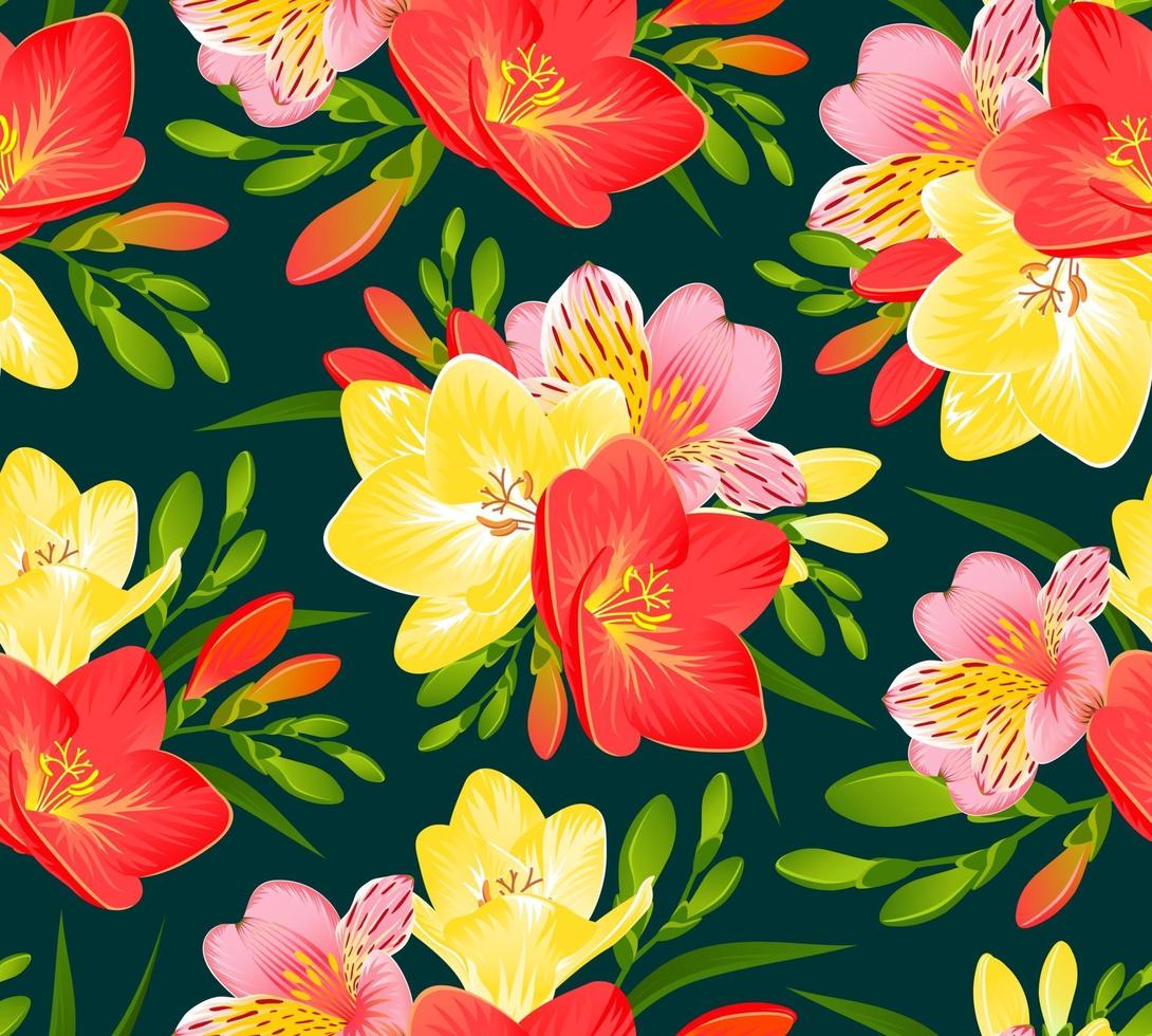 SEAMLESS BACKGROUND WITH FREESIA AND ALSTROEMERIA IN VECTOR