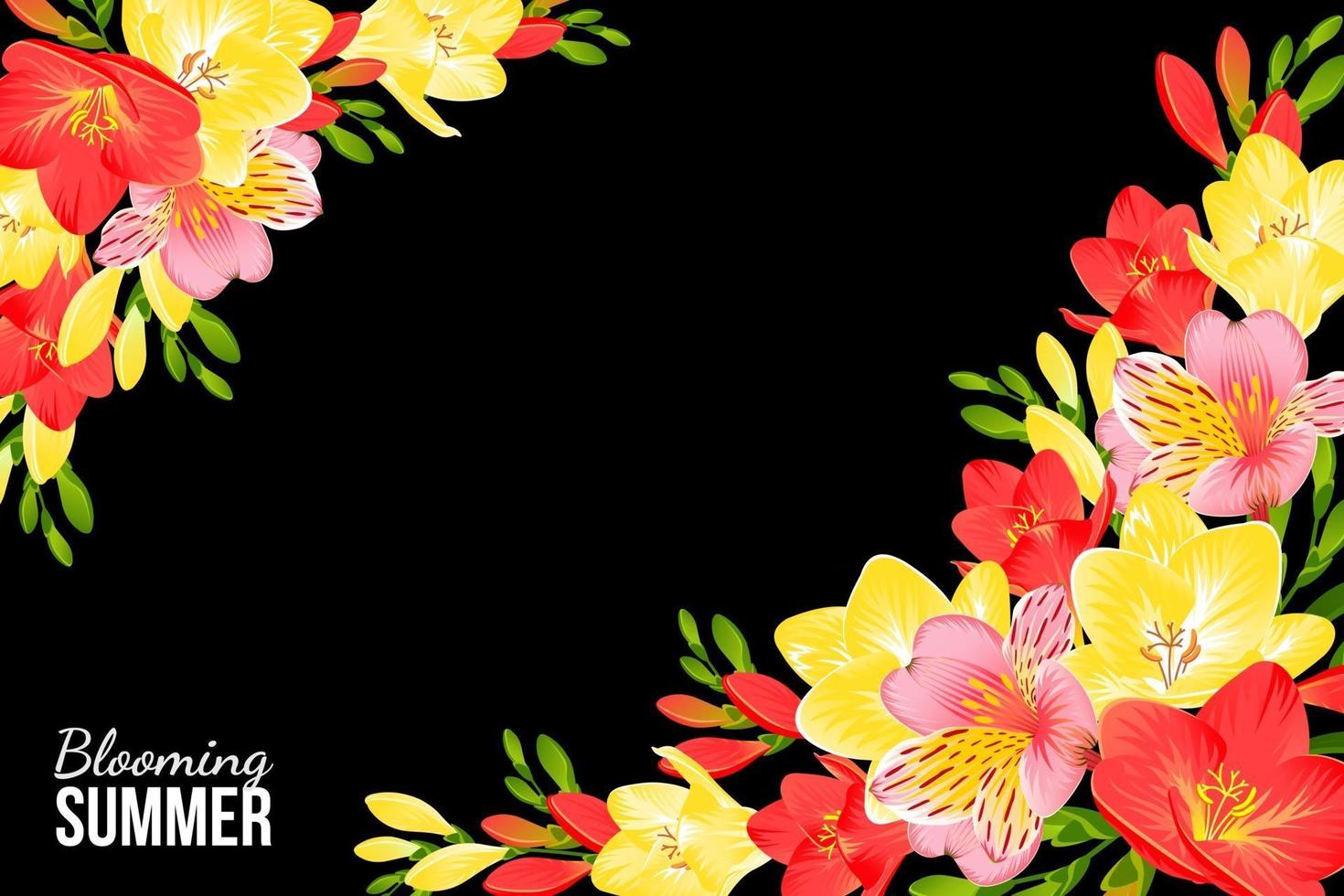 BLACK FESTIVE BACKGROUND WITH FREESIA AND ALSTROEMERIA FLOWERS vector