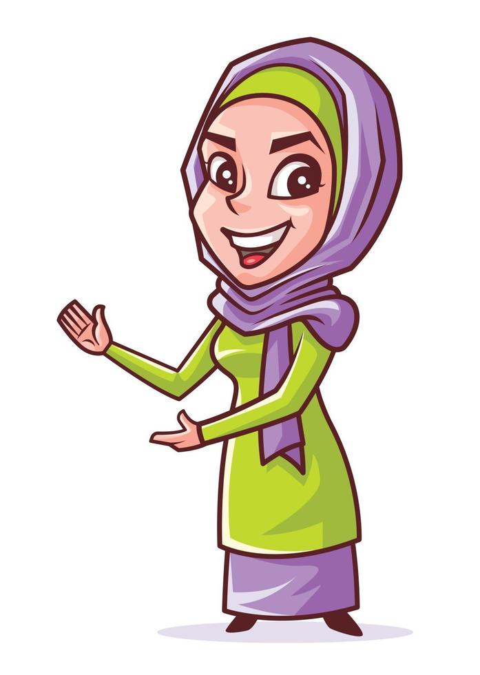 Hermosa joven musulmana sonriente con hijab presentando y apuntando algo sobre fondo blanco. vector