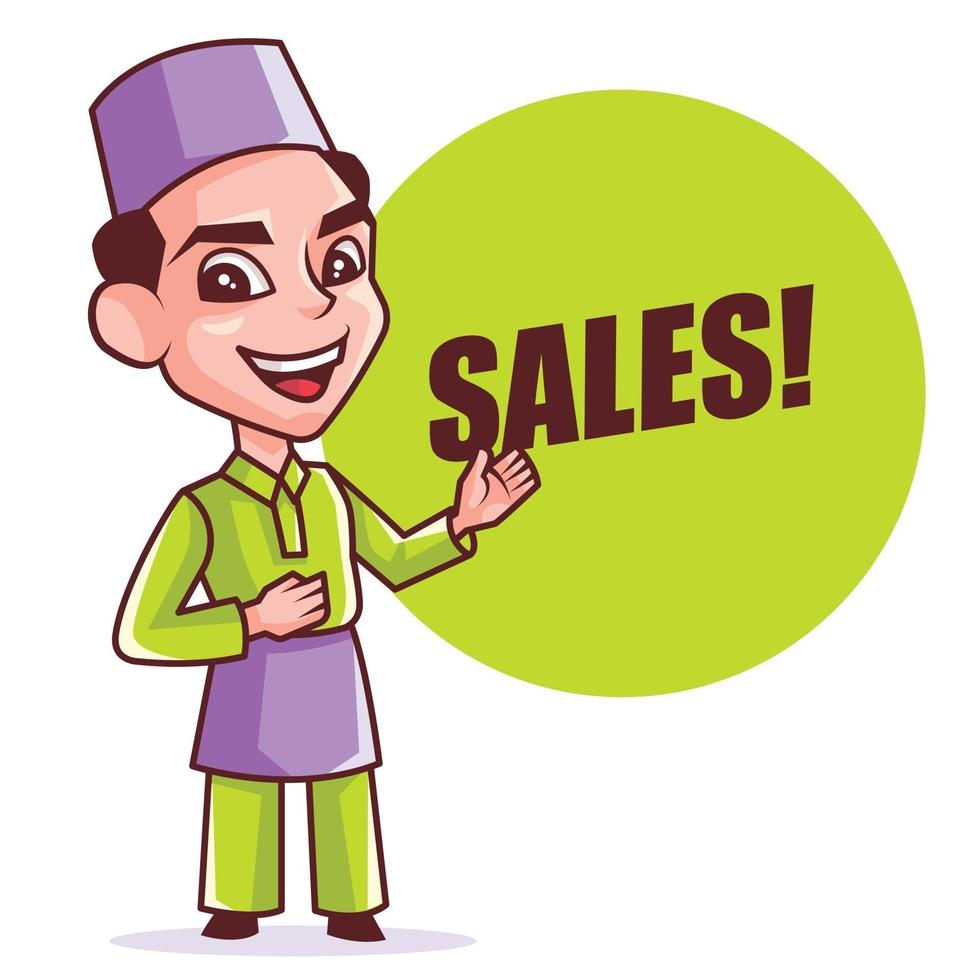 Cartoon smart young Muslim man in songkok introducing and pointing big Sales green signboard for Ramadan festival vector