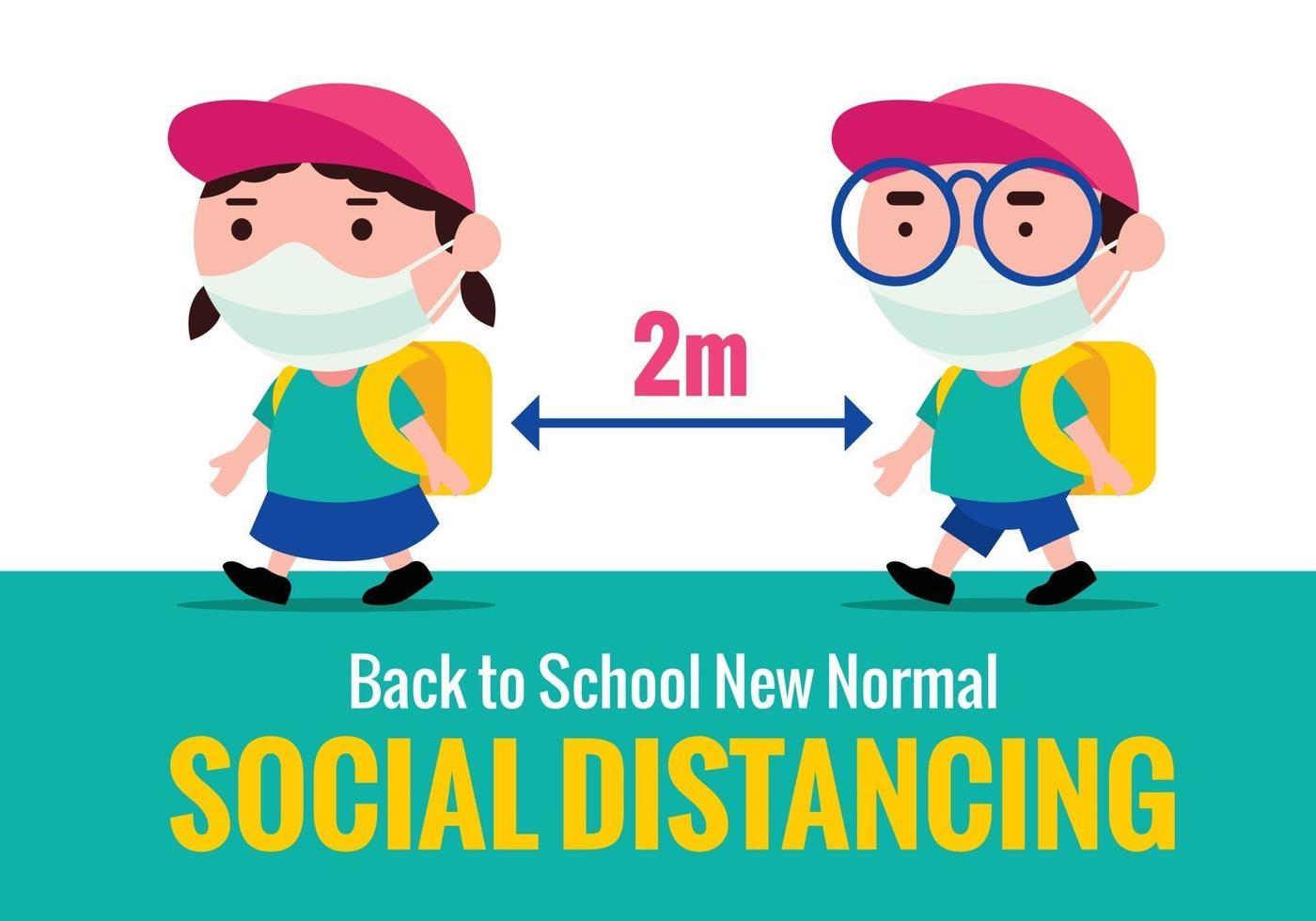 Cute kids wearing face masks and keep social distancing to prevent against covid19 for new normal back to school during Pandemic vector