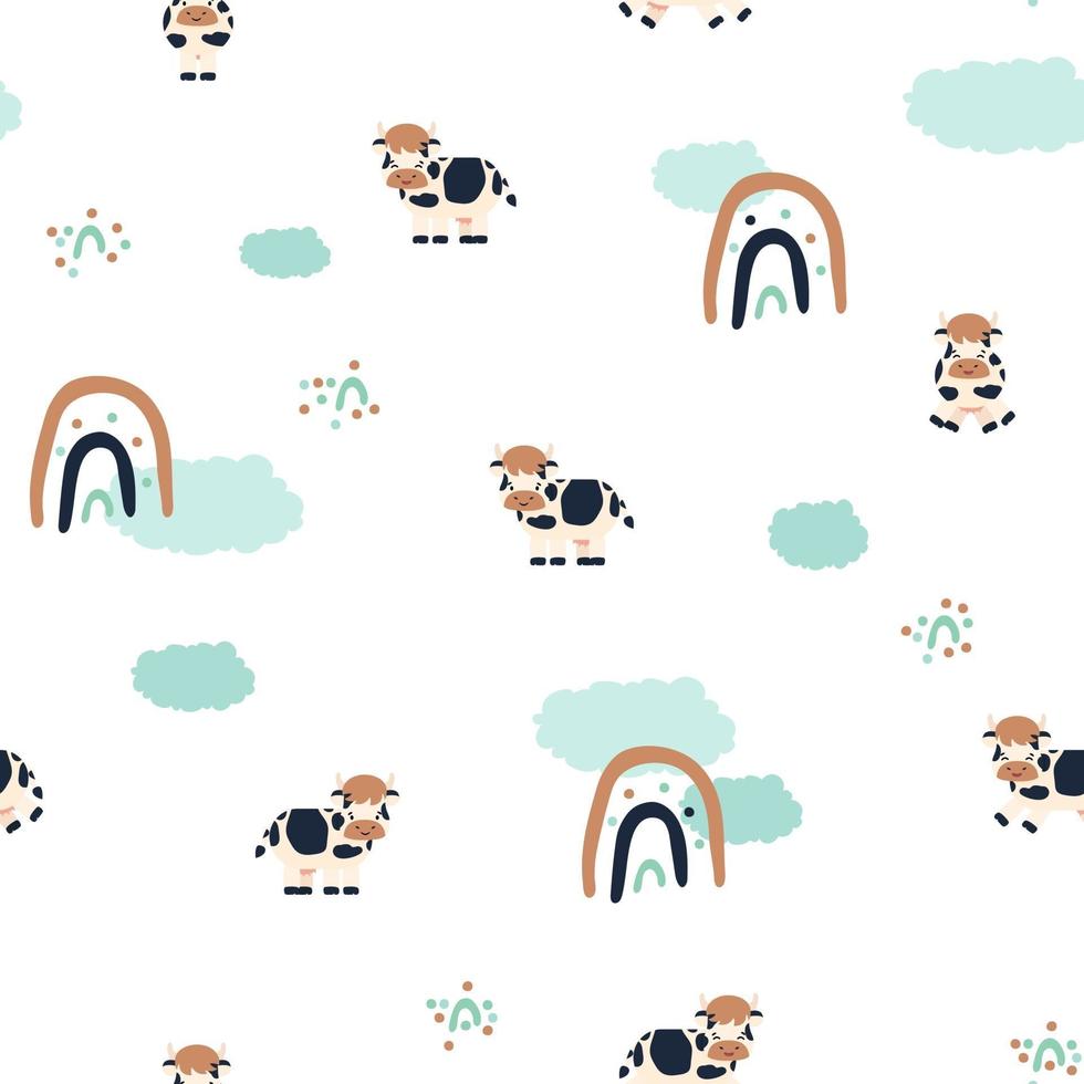 Cute spotted cow farm cartoon animal seamless pattern on white background with rainbows and clouds vector