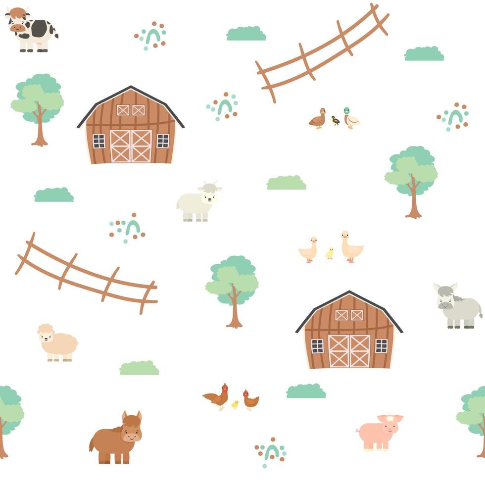 Cute brown barn green trees fence farm cartoon animals seamless pattern on white background vector