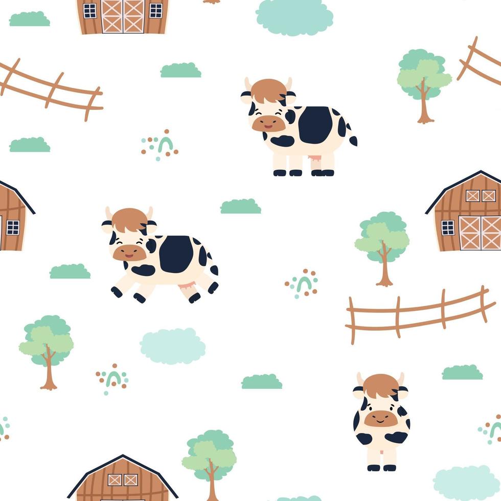 Cute cow farm doodle cartoon animals seamless pattern on white background vector