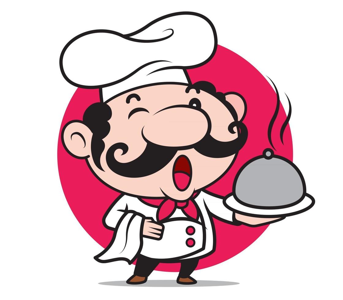 Cartoon happy cute chef character holding silver platter and white cloth, ready to serve food vector