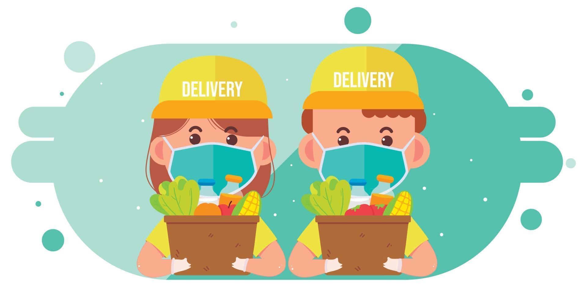 Delivery woman and delivery man carrying package box of grocery food and drink from store cartoon art illustration vector