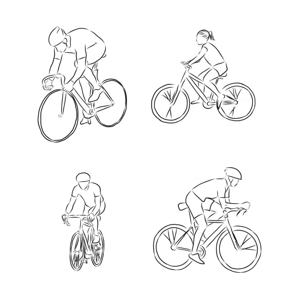 Bicyclist rider man with bike isolated on background vector illustration hand drawn sketch cyclist vector sketch illustration