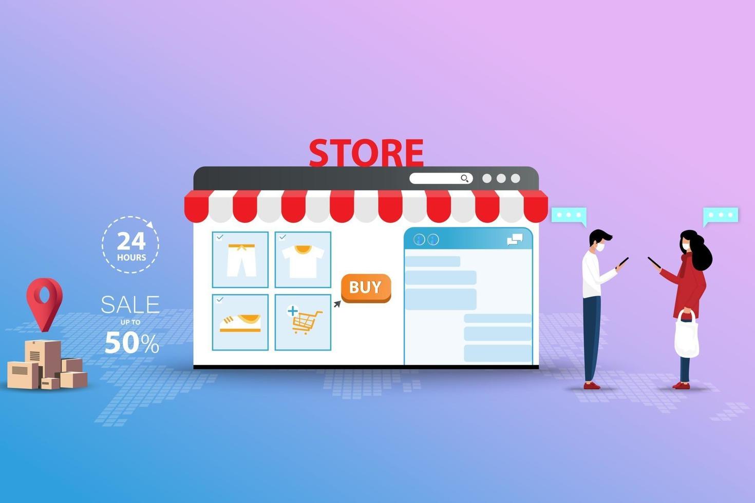 Concept of online to offline shopping young man and woman wear a medical face mask and hold a smartphone and chat to order the goods and going to pick up at store in pink and blue color background Artwork vector