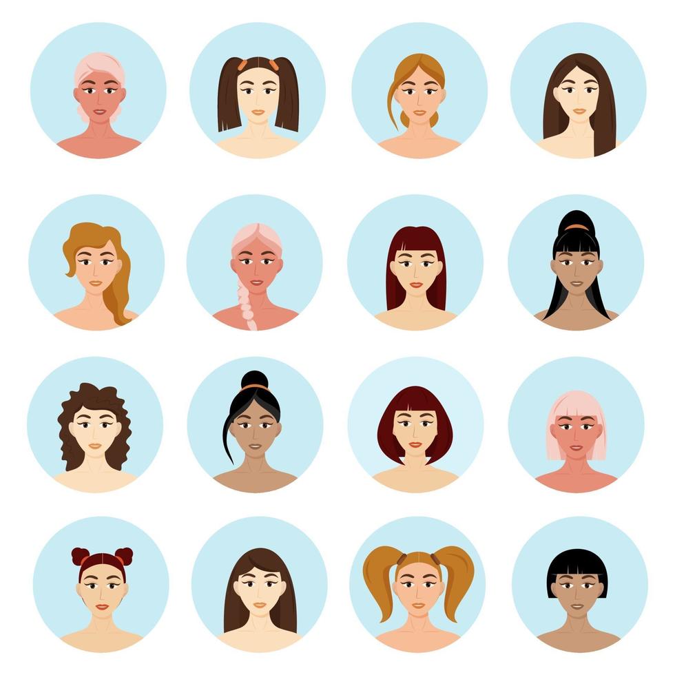 Conjunto de peinados de avatar para mujeres hermosas chicas jóvenes con diferentes peinados aislado sobre un fondo blanco. vector