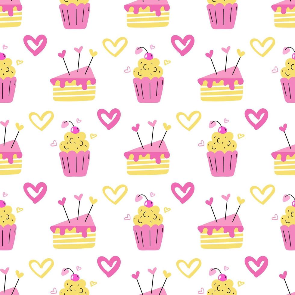 un muffin y un trozo de pastel en flores rosas y amarillas con corazones sobre un fondo blanco vector de patrones sin fisuras papel tapiz diseño de papel de embalaje e impresión de tela