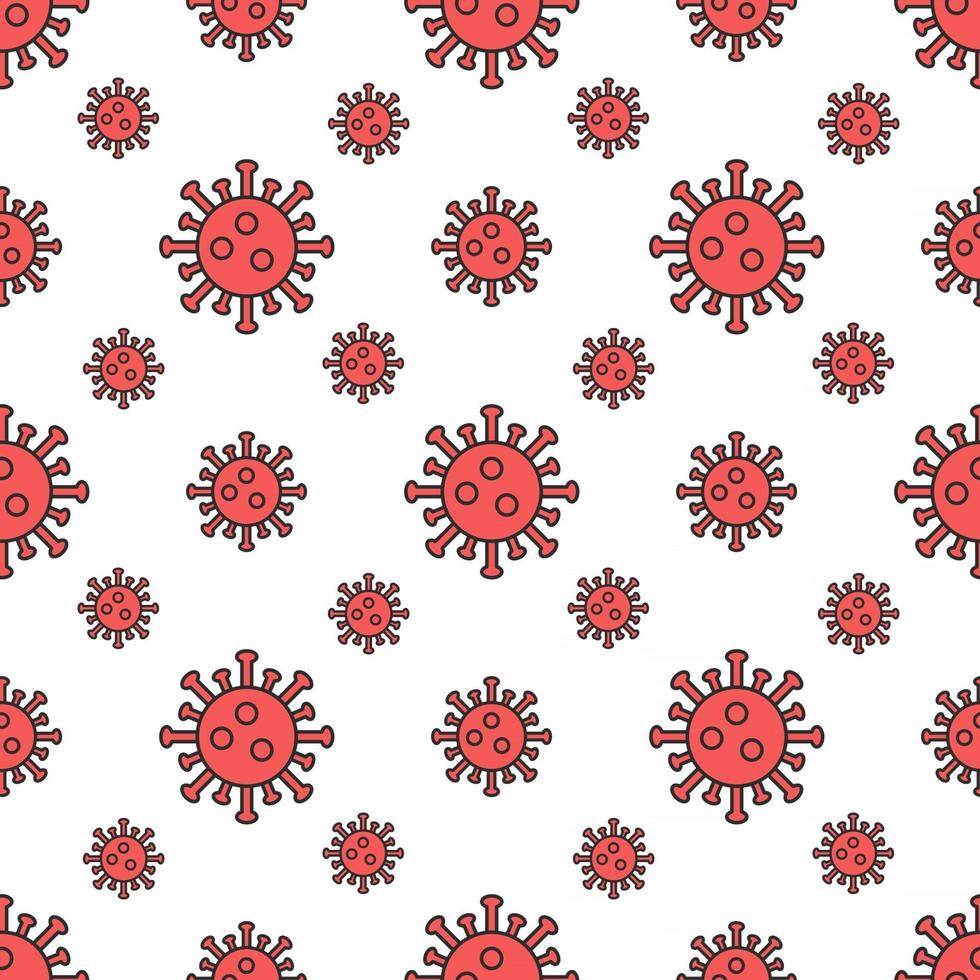 Coronavirus microbes in red on a white background Vector seamless pattern