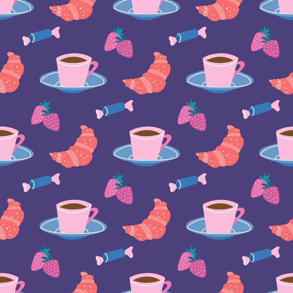 Tea party coffee break  cup and saucer sweets and croissants with strawberries on a lilac background Vector seamless pattern wallpaper design for packaging paper and fabric