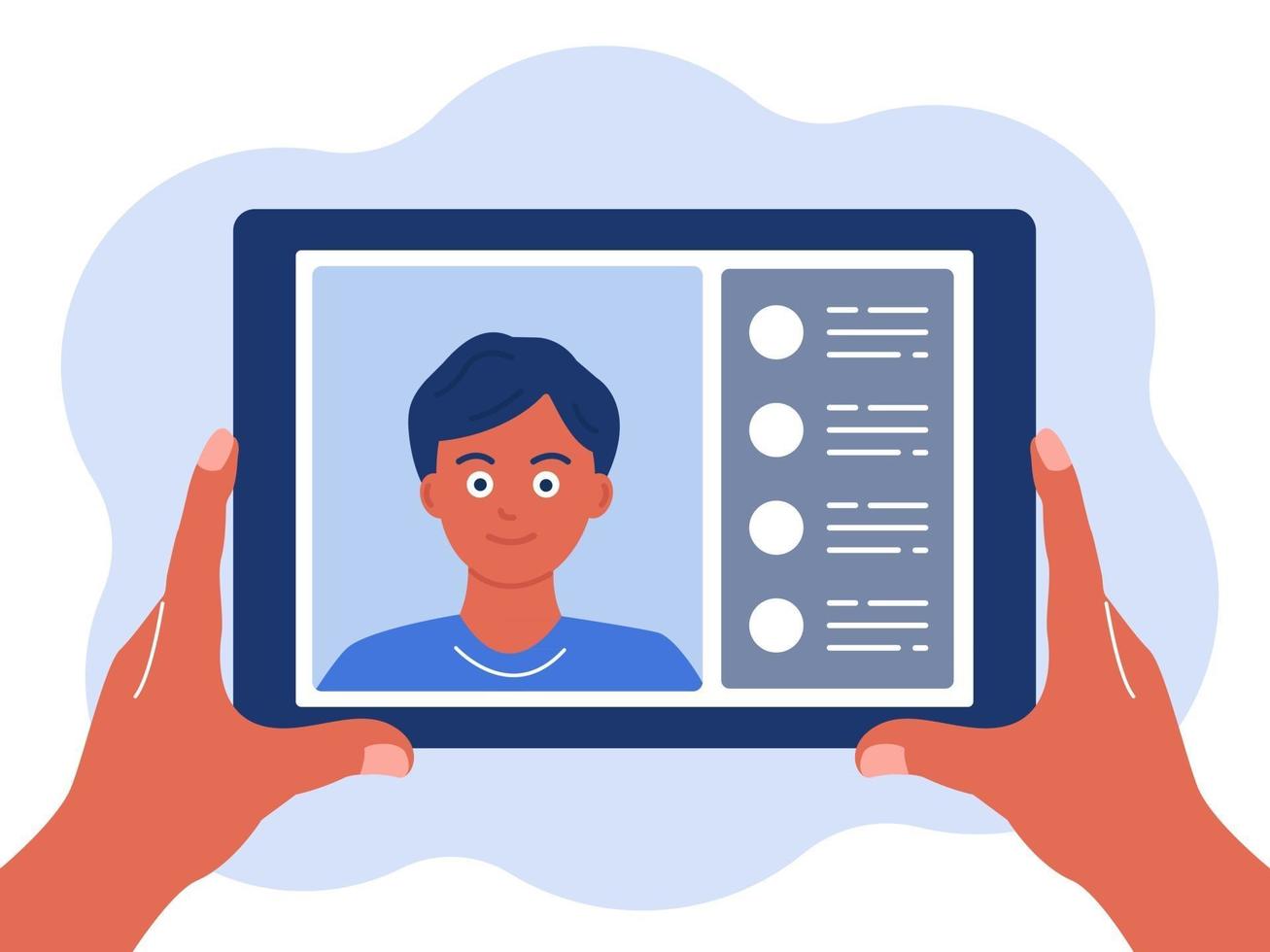 Tablet in hand chat online The concept of virtual communication Vector illustration in a flat style isolated on a white background